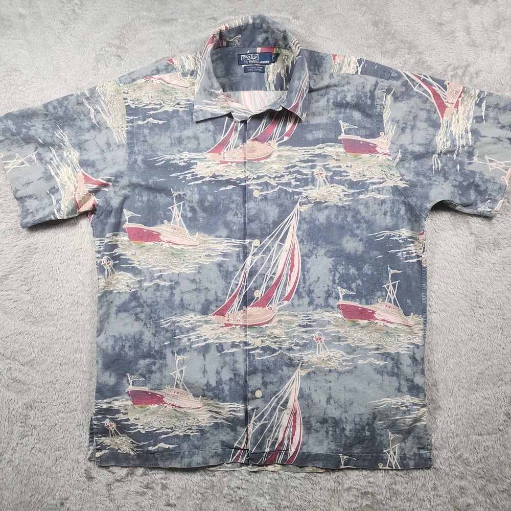 Ralph Lauren Vintage Camp Shirt Mens Medium Blue Loop Sailing Boats Hawaiian AOP